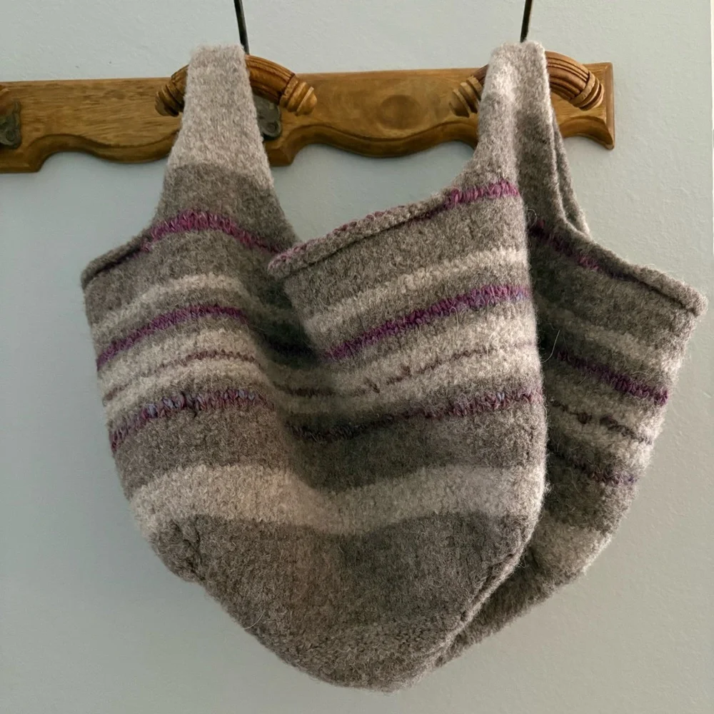 Felted Wool Market Bag Handmade Striped Tote‎ Slouchy Artisan Boho